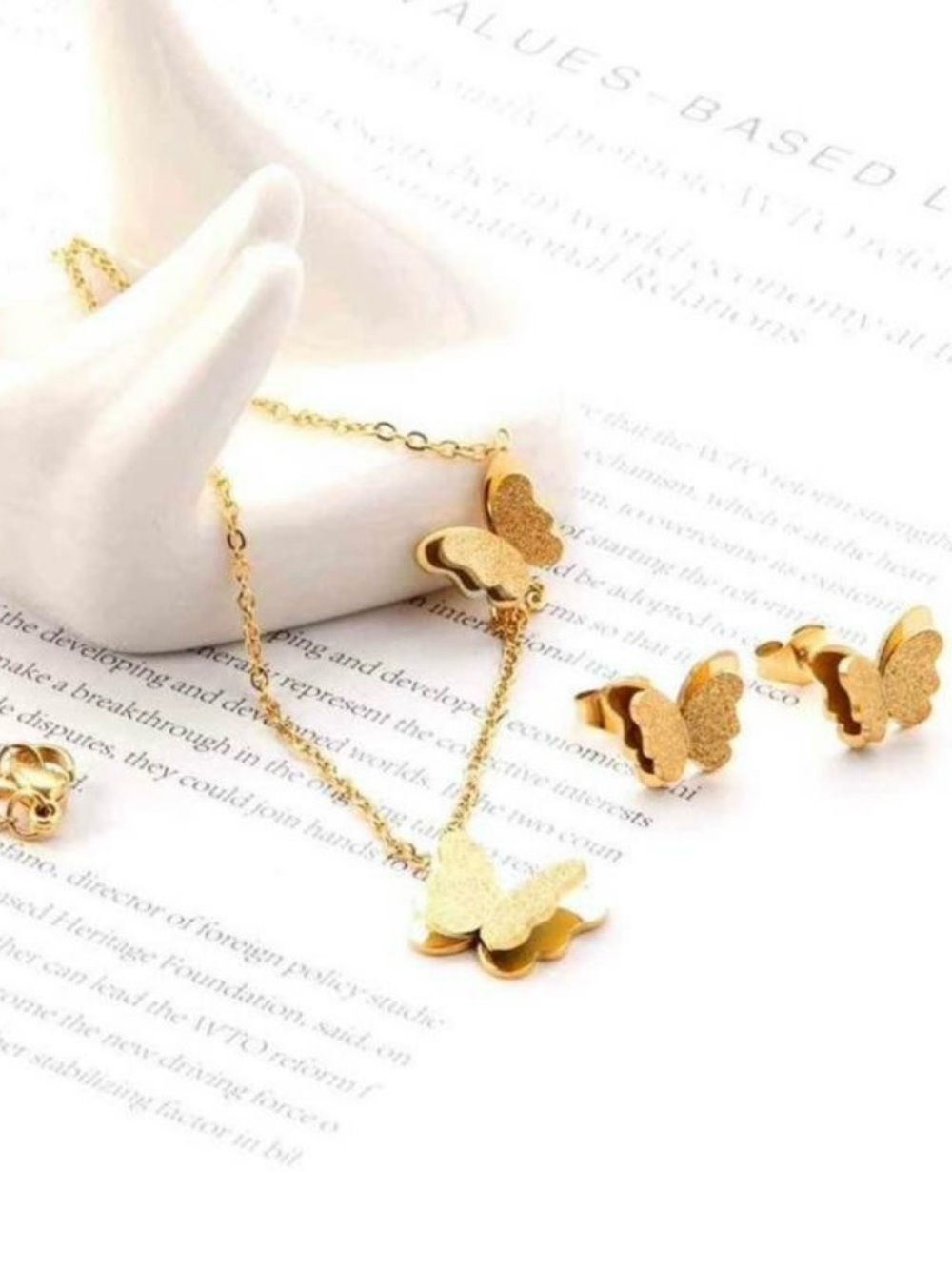 Gold Butterfly Pendant Necklace and Earrings Set - Women Jewelry